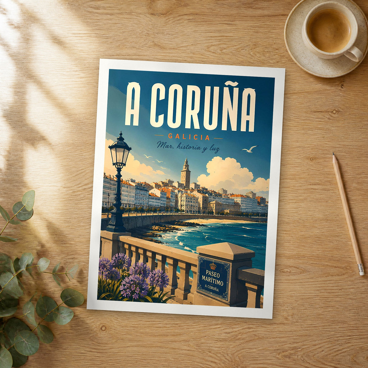 Unframed A Coruña retro travel poster on a wooden table