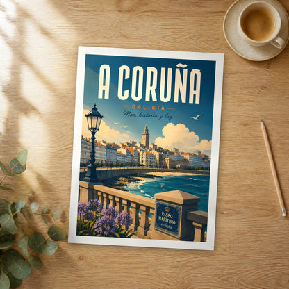 Unframed A Coruña retro travel poster on a wooden table