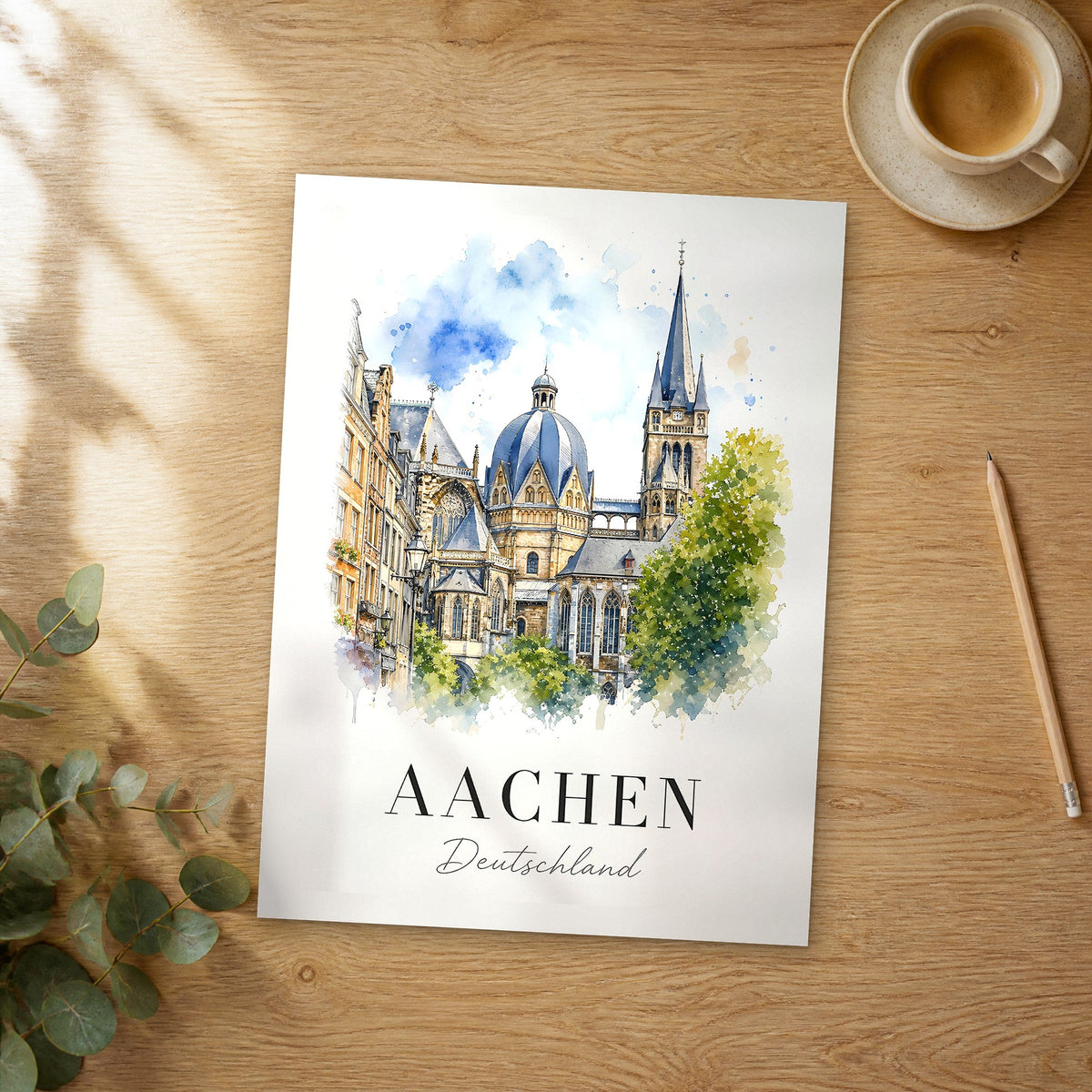 Unframed Aachen watercolor travel poster on a wooden table