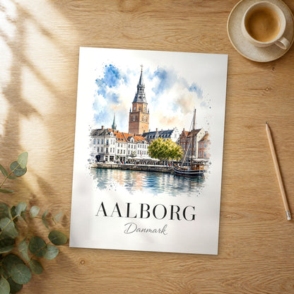 Unframed Aalborg watercolor travel poster on a wooden table
