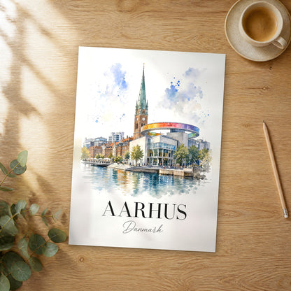 Unframed Aarhus watercolor travel poster on a wooden table