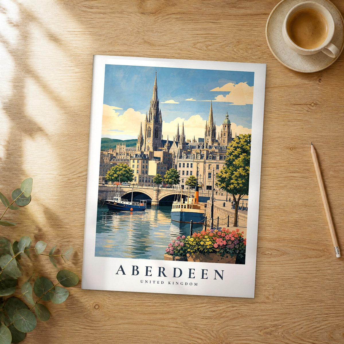 Unframed Aberdeen vintage travel poster on a wooden table