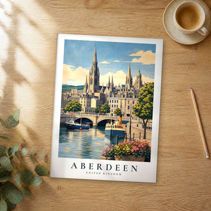 Unframed Aberdeen vintage travel poster on a wooden table