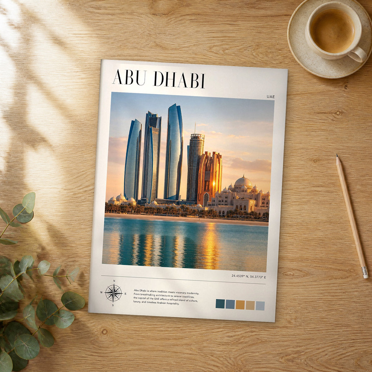 Unframed Abu Dhabi modern photography travel poster on a wooden table