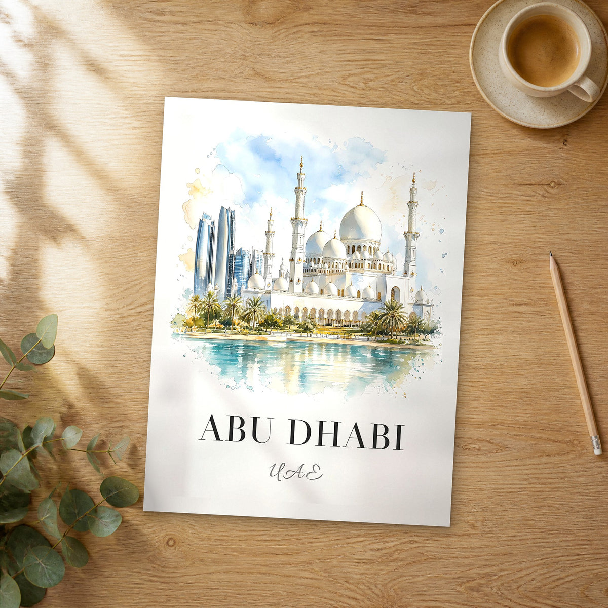 Unframed Abu Dhabi Mosque and Skyline watercolor travel poster on a wooden table
