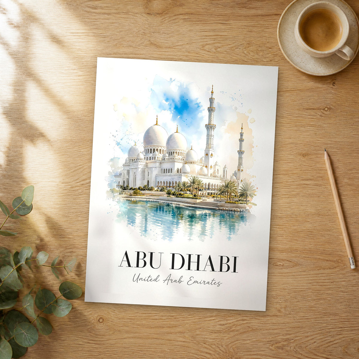 Unframed Abu Dhabi Sheikh Zayed Grand Mosque watercolor travel poster on a wooden table