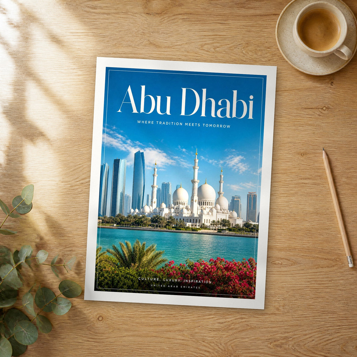 Unframed Abu Dhabi Sheikh Zayed Mosque Skyline editorial travel poster on a wooden table