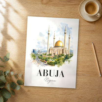 Unframed Abuja watercolor travel poster on a wooden table