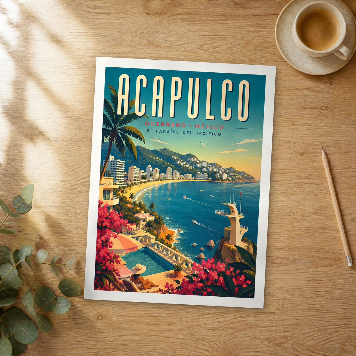 Unframed Acapulco retro travel poster on a wooden table