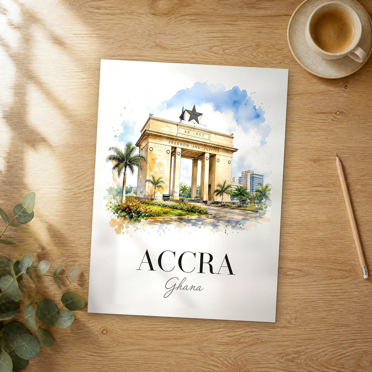 Unframed Accra watercolor travel poster on a wooden table
