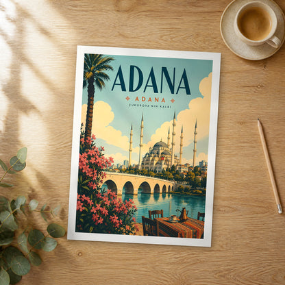 Unframed Adana retro travel poster on a wooden table