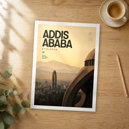 Unframed Addis Ababa bold typography travel poster on a wooden table