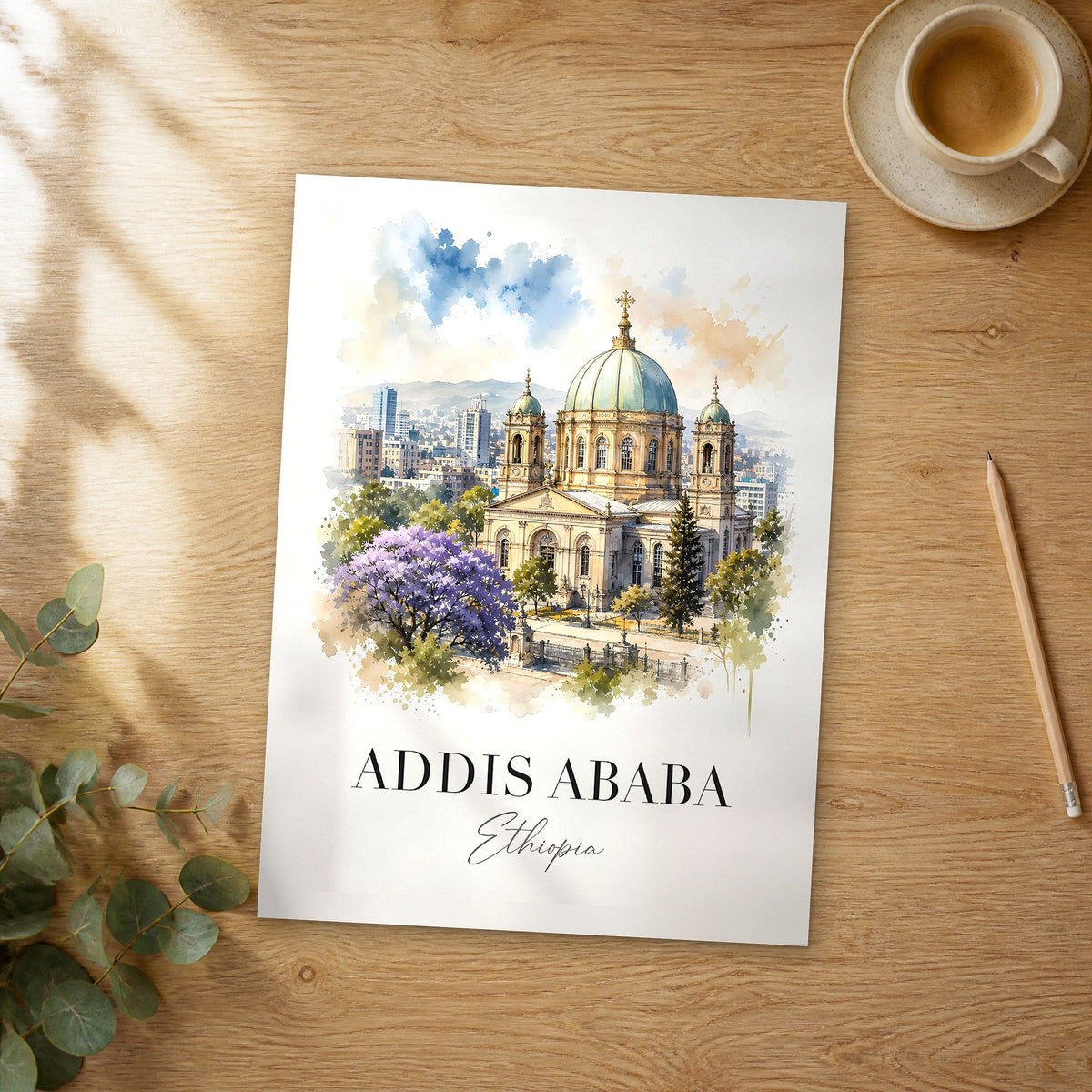 Unframed Addis Ababa watercolor travel poster on a wooden table