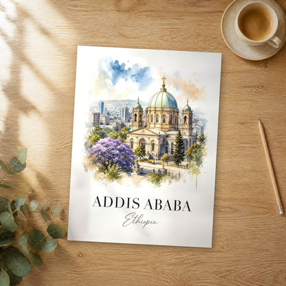 Unframed Addis Ababa watercolor travel poster on a wooden table