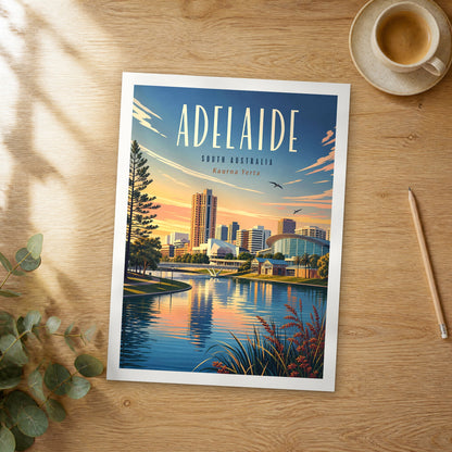 Unframed Adelaide retro travel poster on a wooden table