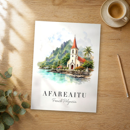 Unframed Afareaitu watercolor travel poster on a wooden table