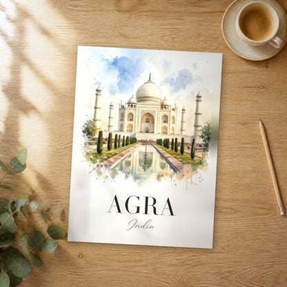 Unframed Agra watercolor travel poster on a wooden table