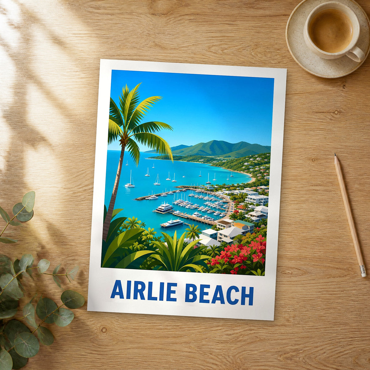 Unframed Airlie Beach modern digital travel poster on a wooden table