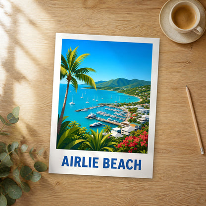 Unframed Airlie Beach modern digital travel poster on a wooden table