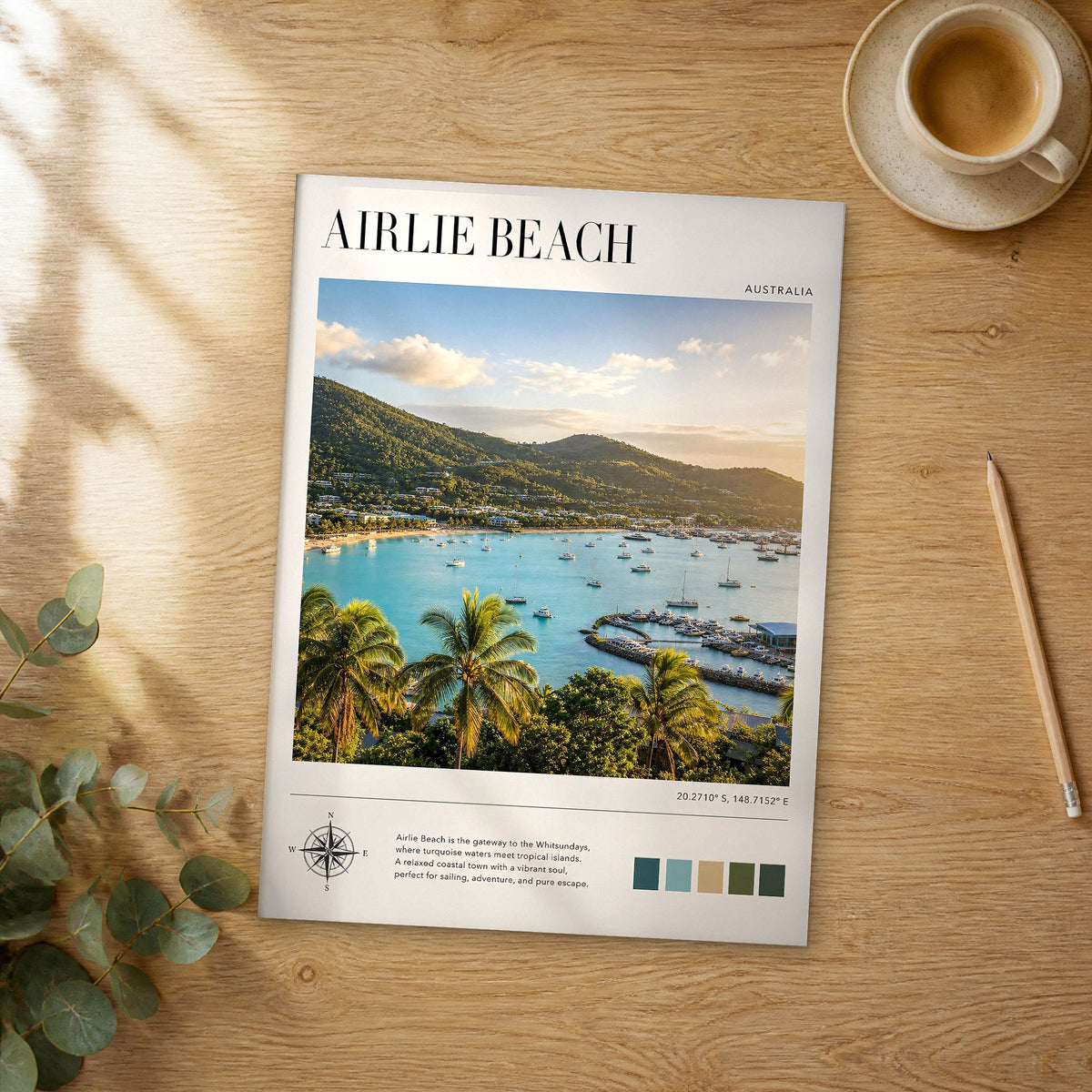 Unframed Airlie Beach modern photography travel poster on a wooden table