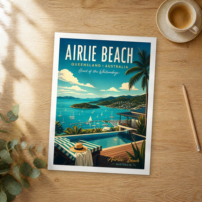 Unframed Airlie Beach retro travel poster on a wooden table