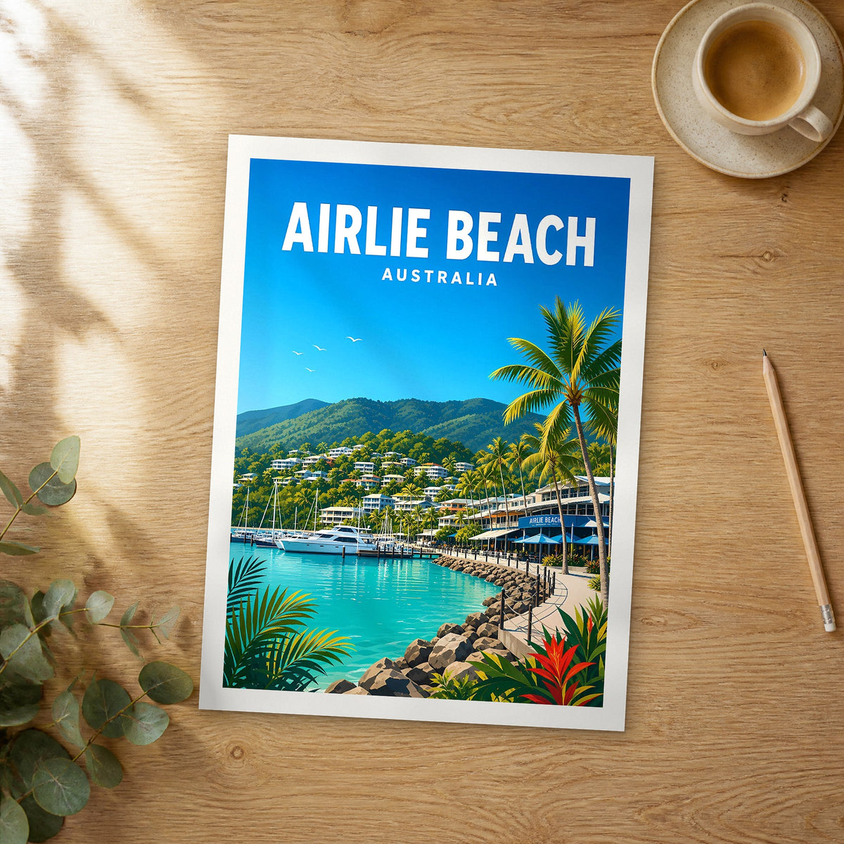 Unframed Airlie Beach vibrant digital travel poster on a wooden table