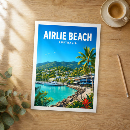 Unframed Airlie Beach vibrant digital travel poster on a wooden table