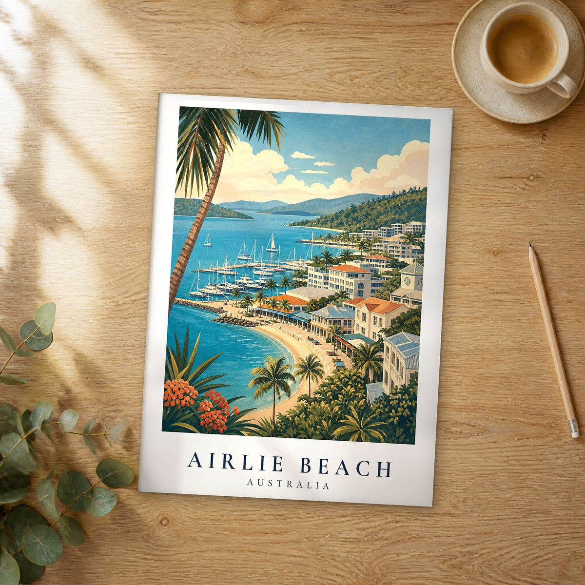 Unframed Airlie Beach vintage travel poster on a wooden table