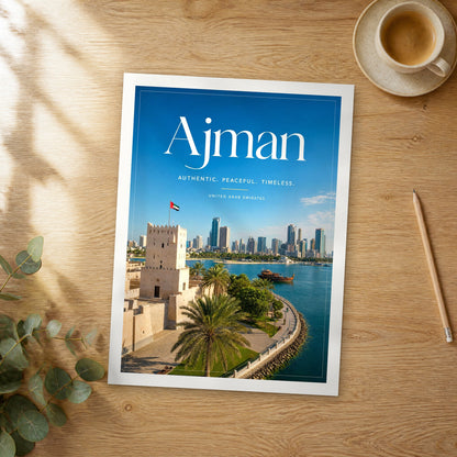 Unframed Ajman editorial travel poster on a wooden table