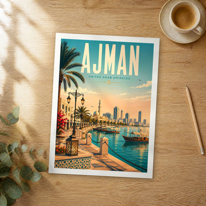Unframed Ajman retro travel poster on a wooden table