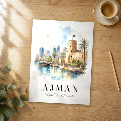 Unframed Ajman watercolor travel poster on a wooden table