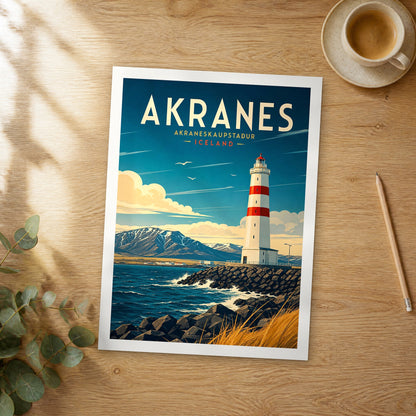 Unframed Akranes retro travel poster on a wooden table