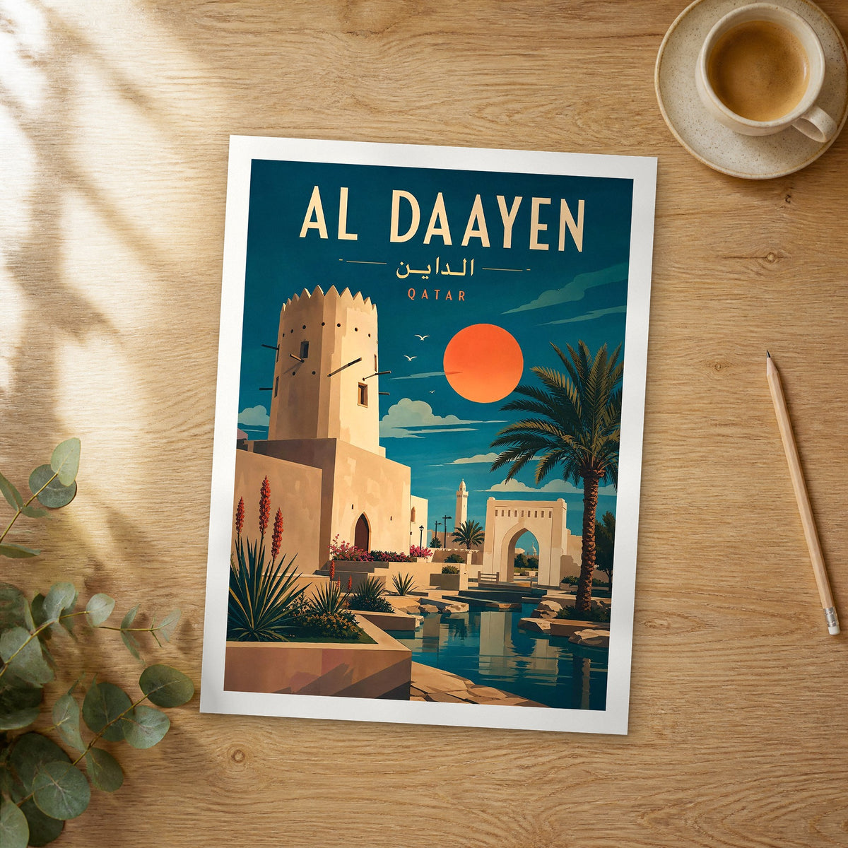 Unframed Al Daayen retro travel poster on a wooden table