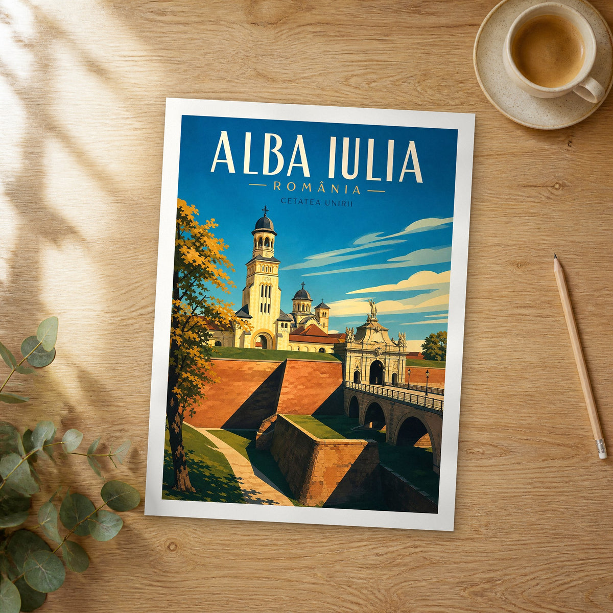 Unframed Alba Iulia retro travel poster on a wooden table