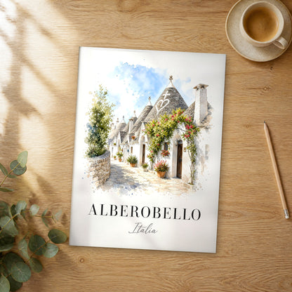 Unframed Alberobello watercolor travel poster on a wooden table