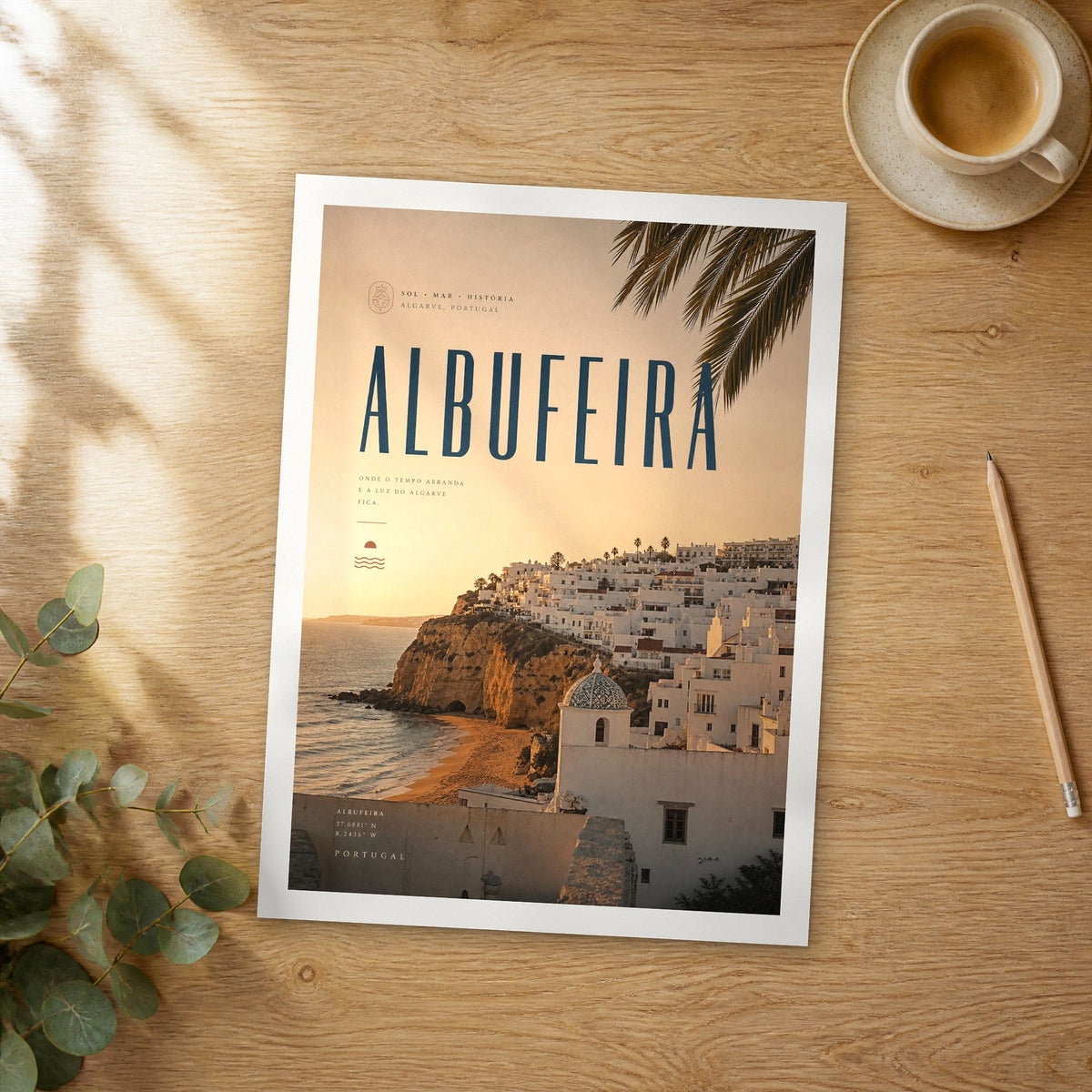 Unframed Albufeira bold typography travel poster on a wooden table