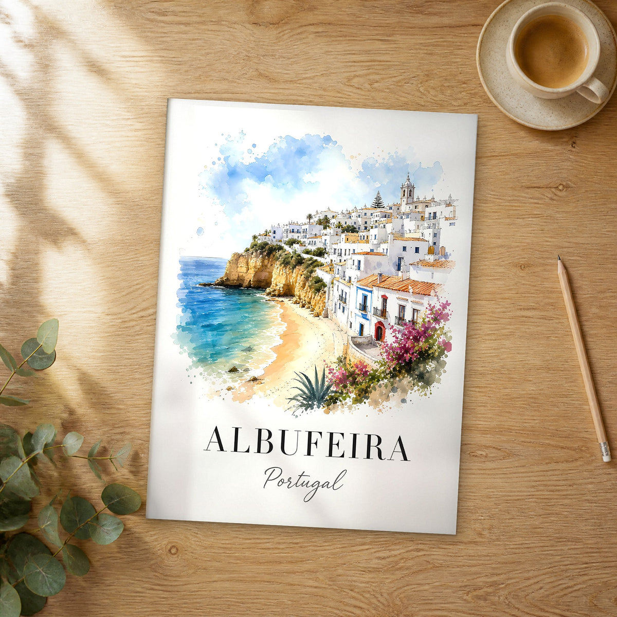 Unframed Albufeira watercolor travel poster on a wooden table