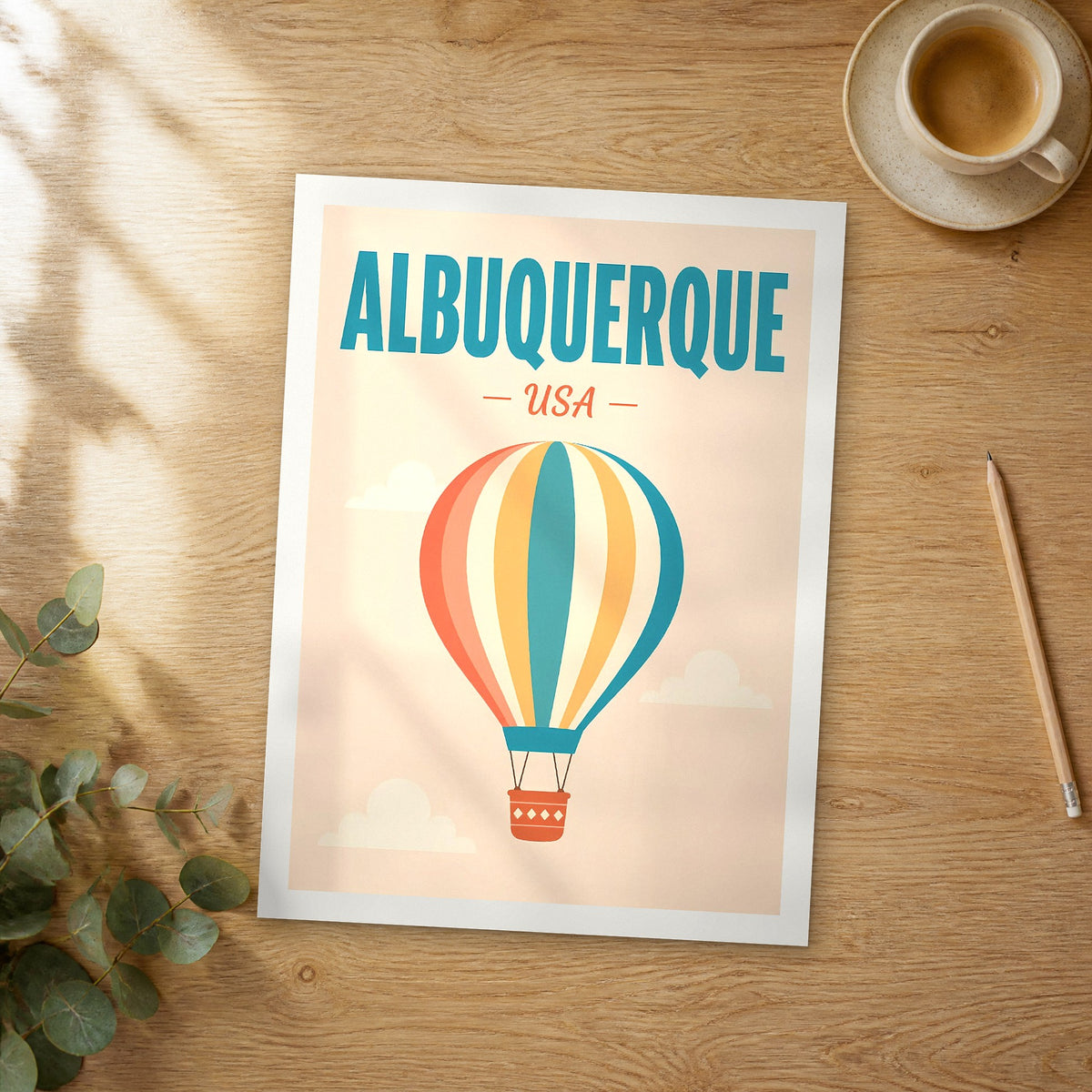 Unframed Albuquerque pop art travel poster on a wooden table