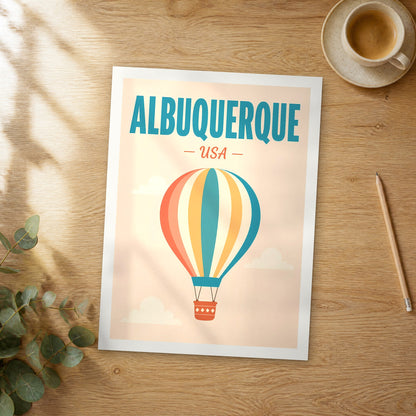 Unframed Albuquerque pop art travel poster on a wooden table