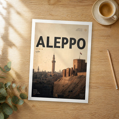 Unframed Aleppo bold typography travel poster on a wooden table
