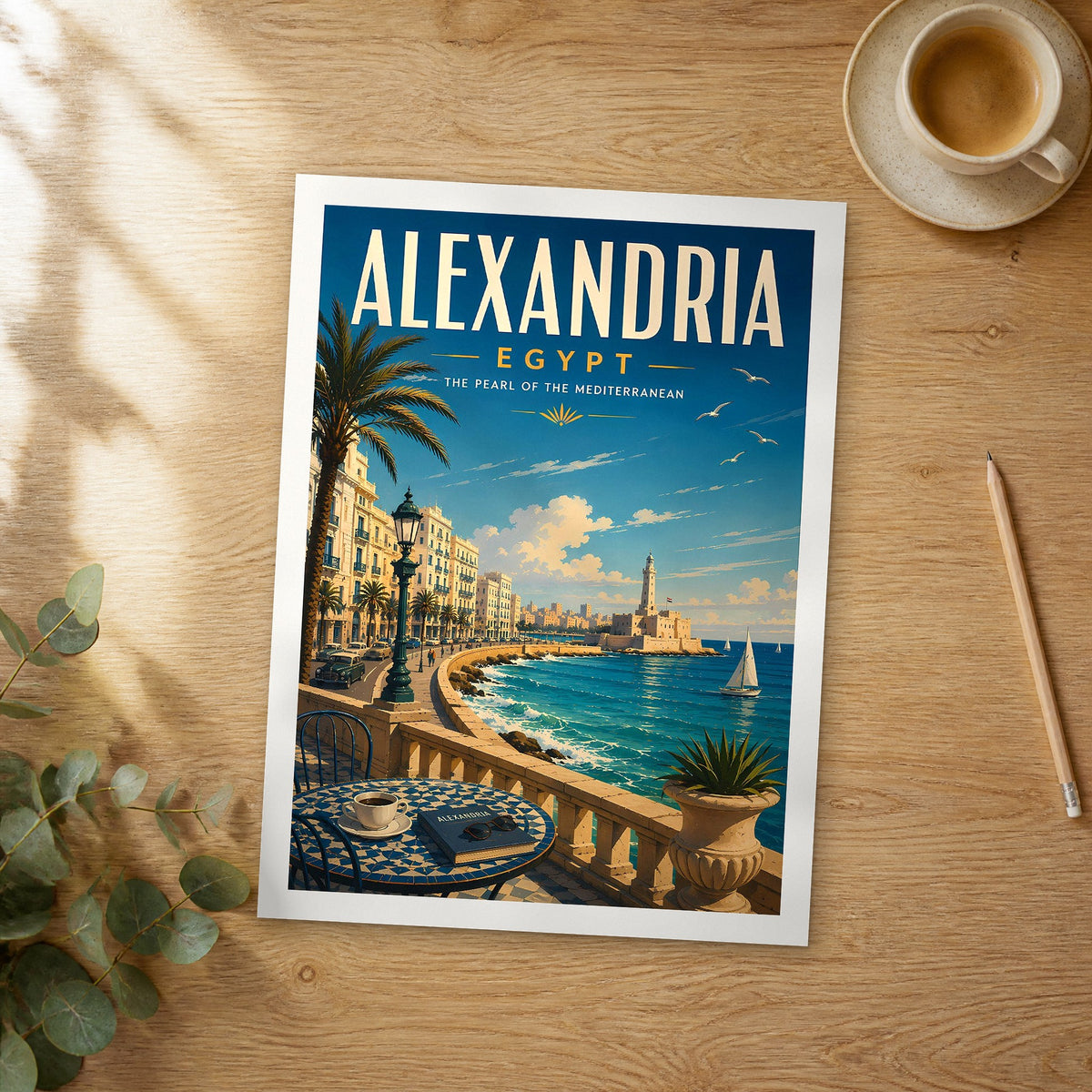 Unframed Alexandria retro travel poster on a wooden table