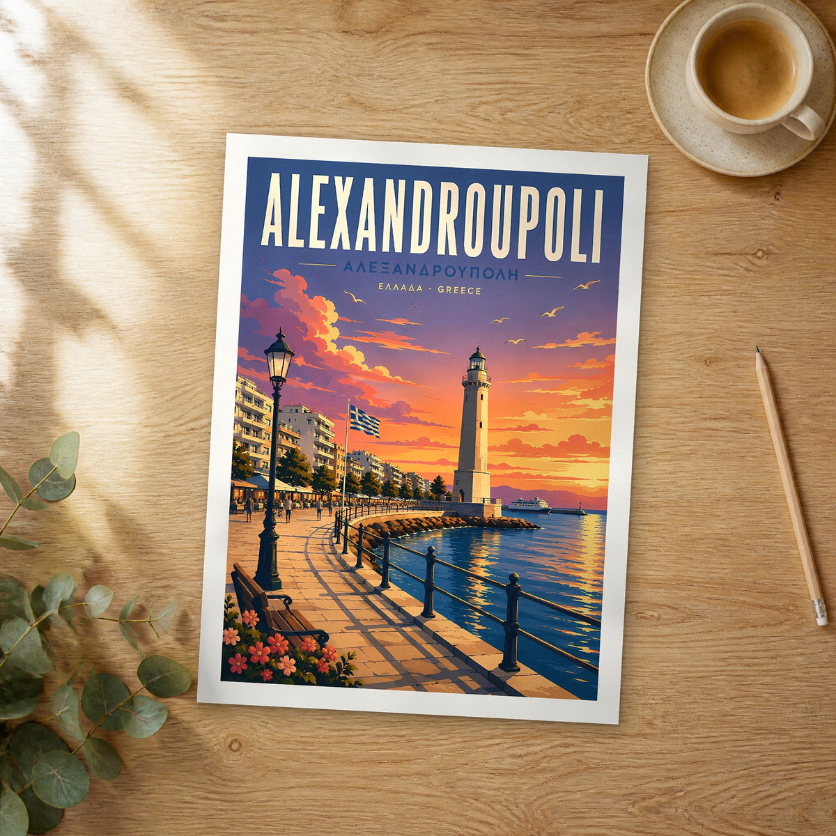 Unframed Alexandroupoli retro travel poster on a wooden table