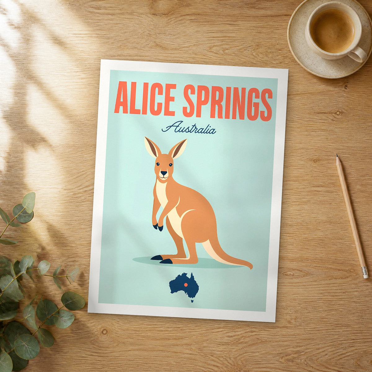Unframed Alice Springs pop art travel poster on a wooden table