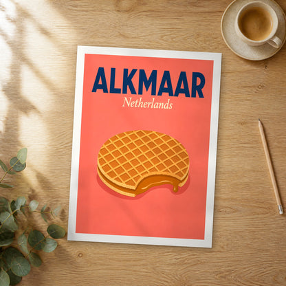 Unframed Alkmaar pop art travel poster on a wooden table