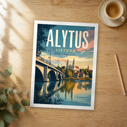 Unframed Alytus retro travel poster on a wooden table