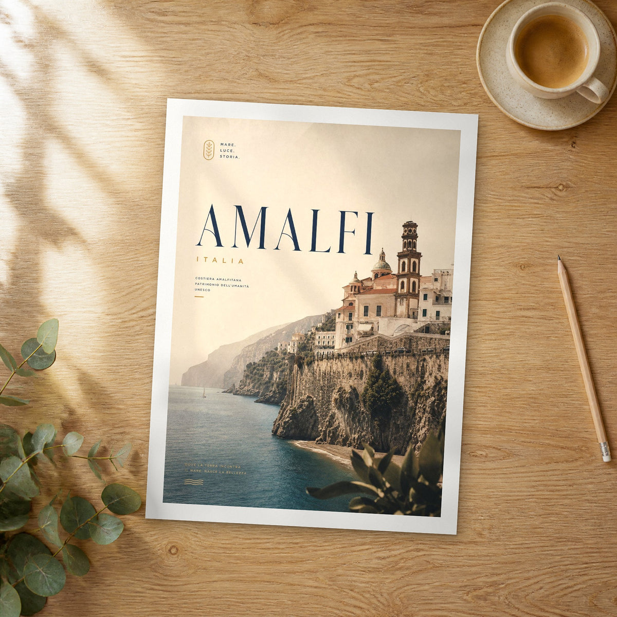 Unframed Amalfi Clifftop Church Atrani bold typography travel poster on a wooden table