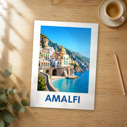 Unframed Amalfi modern digital travel poster on a wooden table