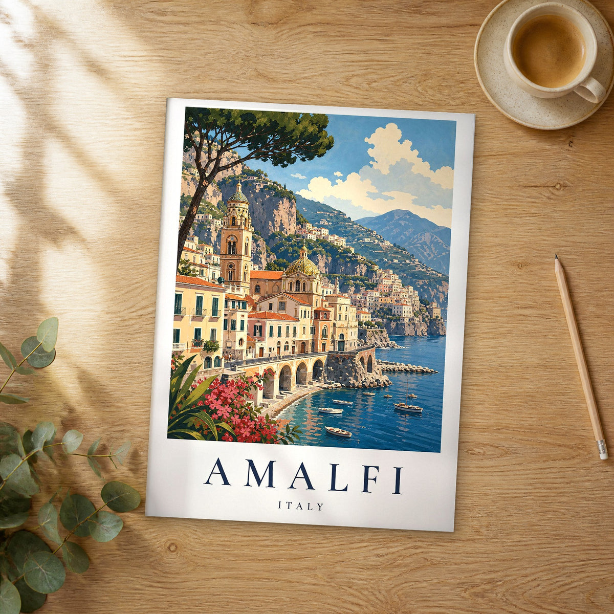 Unframed Amalfi vintage travel poster on a wooden table