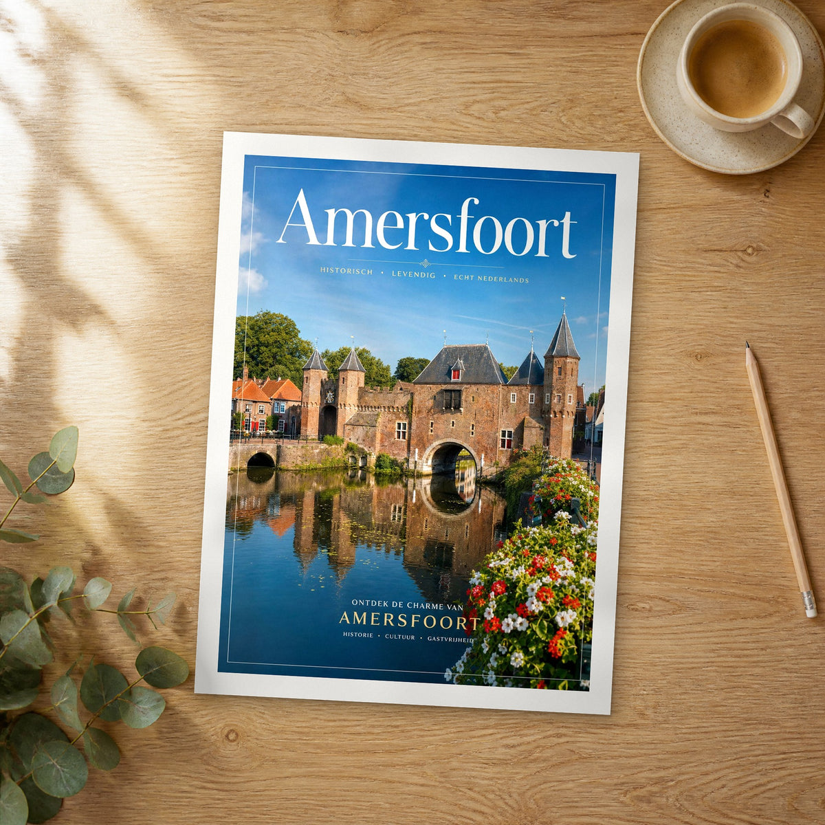 Unframed Amersfoort editorial travel poster on a wooden table