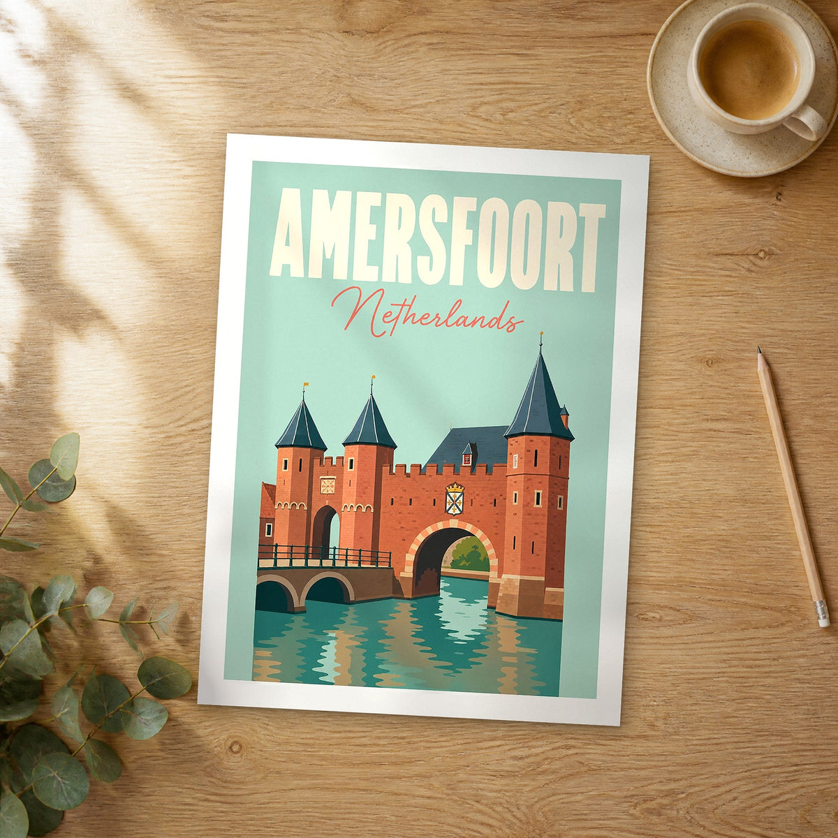 Unframed Amersfoort pastel pop art travel poster on a wooden table